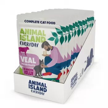 Comida húmeda para gatos animal island Everyday Ternera en gelatina — 12 x 85 g sobres, gatos adultos, sin azúcar, soja ni gluten