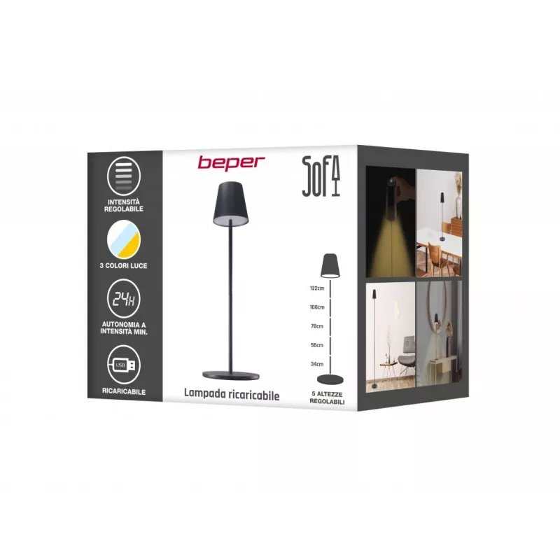Beper P201UTP401 lámpara de sofá recargable, control táctil, altura regulable, 2,3 W, negra