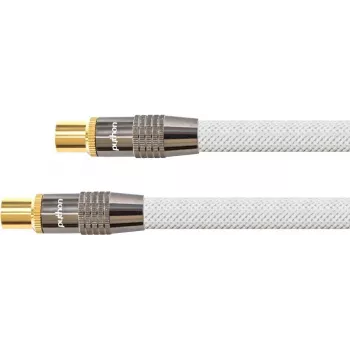 Cable de antena SAT, conector macho IEC/coaxial a conector hembra, dorado, apantallamiento 120 dB, 75 ohmios, trenza de nailon blanco, 1 m, serie PYTHON® (GC-M2001)