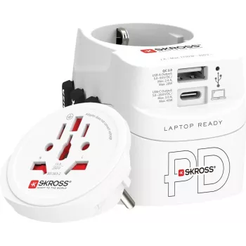 Adaptador de red de viaje SKROSS 1.302474 para tomas UE/FR/EE.UU./UK/AU, 100–250 V AC, 7 A, USB 45 W
