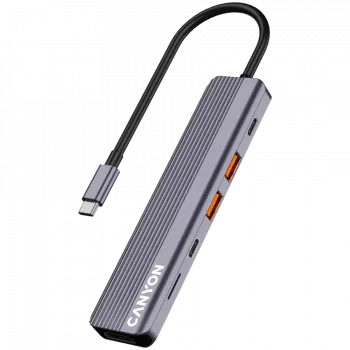 Hub USB Type-C CANYON DS-17 — HDMI, USB 3.2 Gen 1 A, USB-C, MicroSD, 10000 Mbit/s, gris
