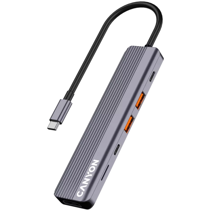 Hub USB Type-C CANYON DS-17 — HDMI, USB 3.2 Gen 1 A, USB-C, MicroSD, 10000 Mbit/s, gris