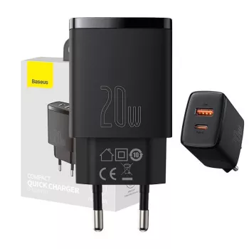 Cargador rápido USB de interior Baseus CCXJ-B01 – 2 puertos (USB-C PD 20W + USB-A QC3.0 18W), 100–240 V, negro