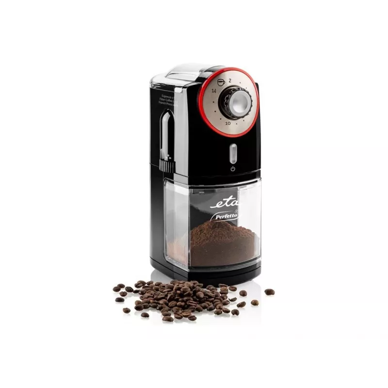 Molinillo de café ETA Perfetto ETA006890000 — motor de 100 W, depósito de 200 g de granos, hasta 14 tazas, interruptor de seguridad en la tapa, negro