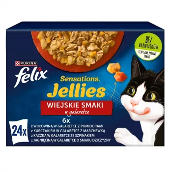 Comida húmeda para gatos Felix Sensations Country Flavors en gelatina multipack 24×85 g — comida húmeda, 24 bolsitas, 85 g cada una, humedad 82%
