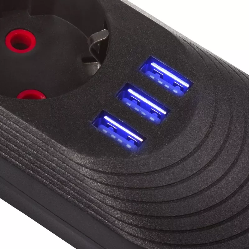Regleta de enchufes MACLEAN MCE395 B — 5 enchufes, 3×USB, 110–240V AC, 2,1A USB, 2500W, cable de 1,5 m, negra
