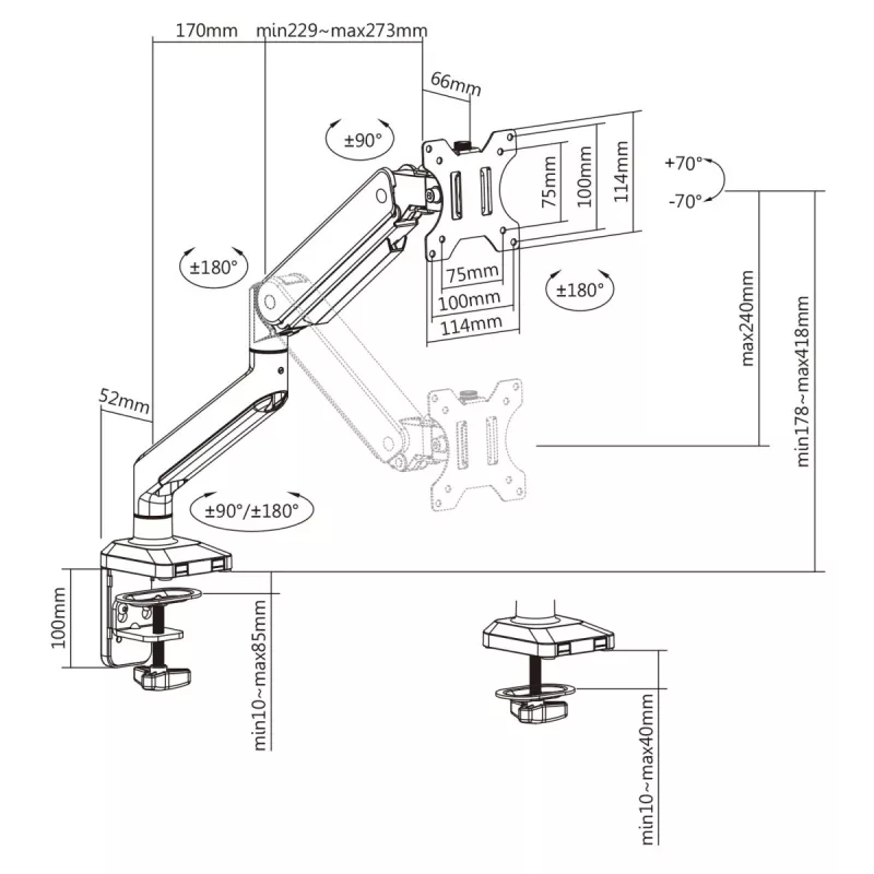 Soporte de escritorio universal para monitor Ergo Office, gas spring 17-35 15kg, VESA 75x75 / 100x100, ER-445