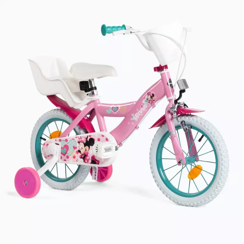 Bicicleta infantil HUFFY 24951W Minnie, ruedas de 14 pulgadas, cuadro de acero, neumáticos, frenos de llanta delantero/trasero, ruedines