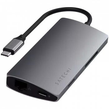 Adaptador de aluminio Satechi V2 USB-C (USB-C, 3x USB-A, 4K HDMI, lector de tarjetas micro/SD, Ethernet) (Starlight Grey)