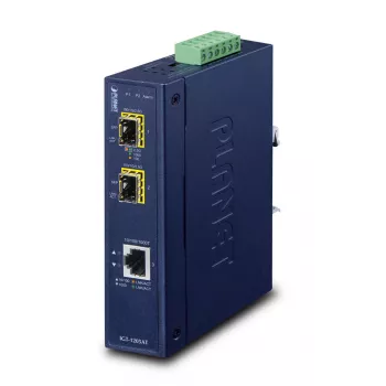 Conversor de medios de red PLANET IGT-1205AT — Gigabit SFP 2 fibras, 1x RJ-45, 10/100/1000 Mbit/s, 12–48V, carril DIN, IP30