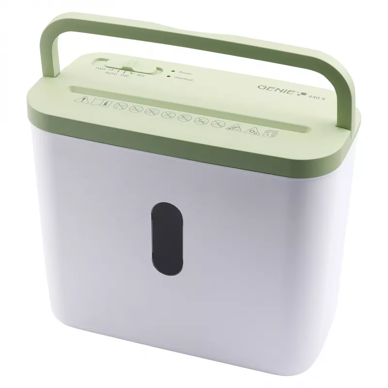 Destructora de documentos Genie 440 X GR — Corte cruzado 4 x 38 mm, cesta de recogida de 8 L, 300 W, verde/blanco