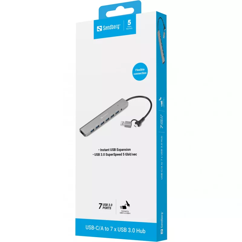 Hub USB SANDBERG 136-66 — 7 puertos USB 3.0, externo con alimentación