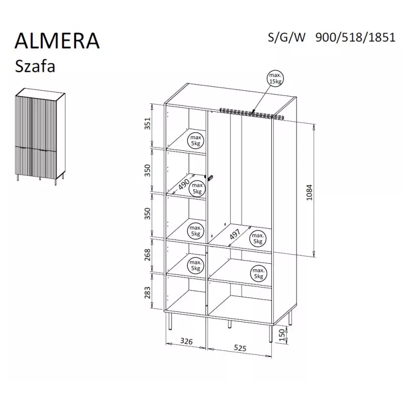 Armario Cama Meble ALMERA Cama 5 90x52x185 cm, marco nogal, puertas cashmere, 6 baldas