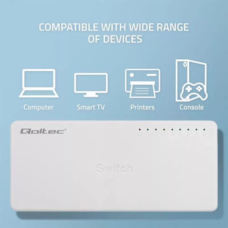 Switch de red Qoltec 8 puertos RJ45 1000 Mbps LAN