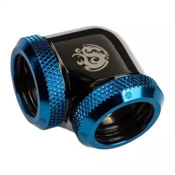 Adaptador Bitspower 90° 16mm AD a 16mm AD tubo rígido, negro brillante/azul