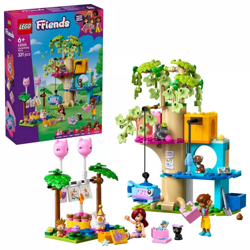 Juguete de construcción LEGO Friends 42666 set de juego casa del árbol fiesta de cumpleaños de gatos, 321 piezas, 6+ años, 180×160×100 mm