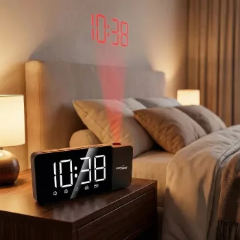 Radio-reloj digital LED GreenBlue GB172 con sintonizador FM, proyector, termómetro, alimentación USB 5V y CR2032