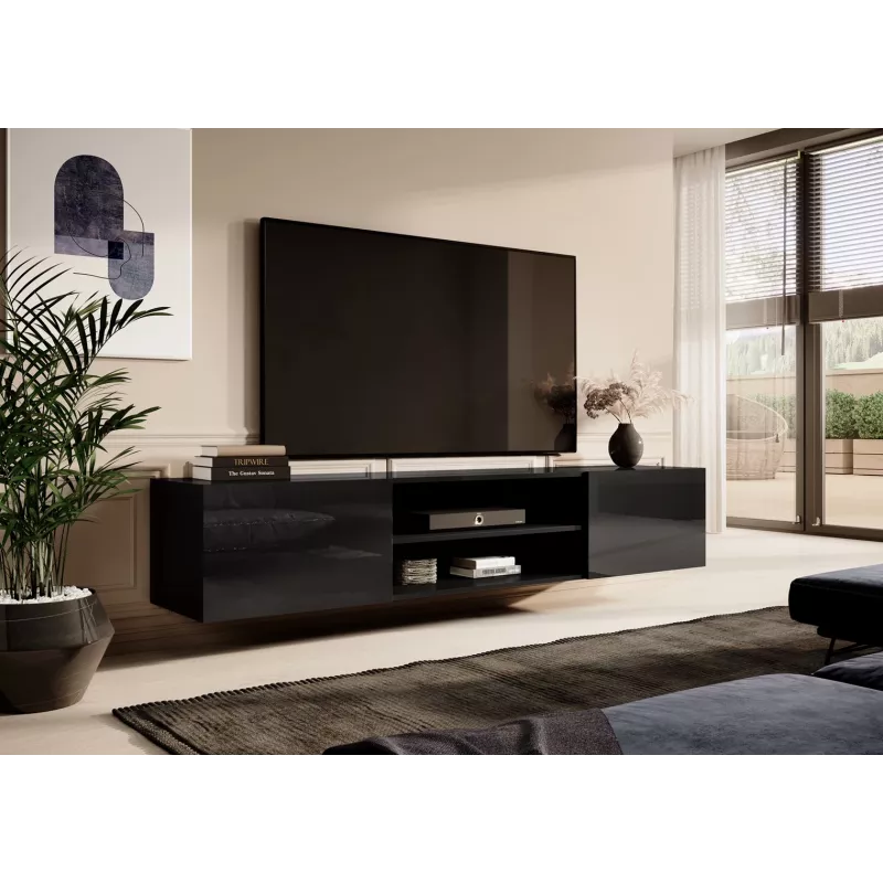 Mueble de TV Cama Meble SLIDE 200K — 200x40x37 cm, negro brillante, tablero de partículas superior
