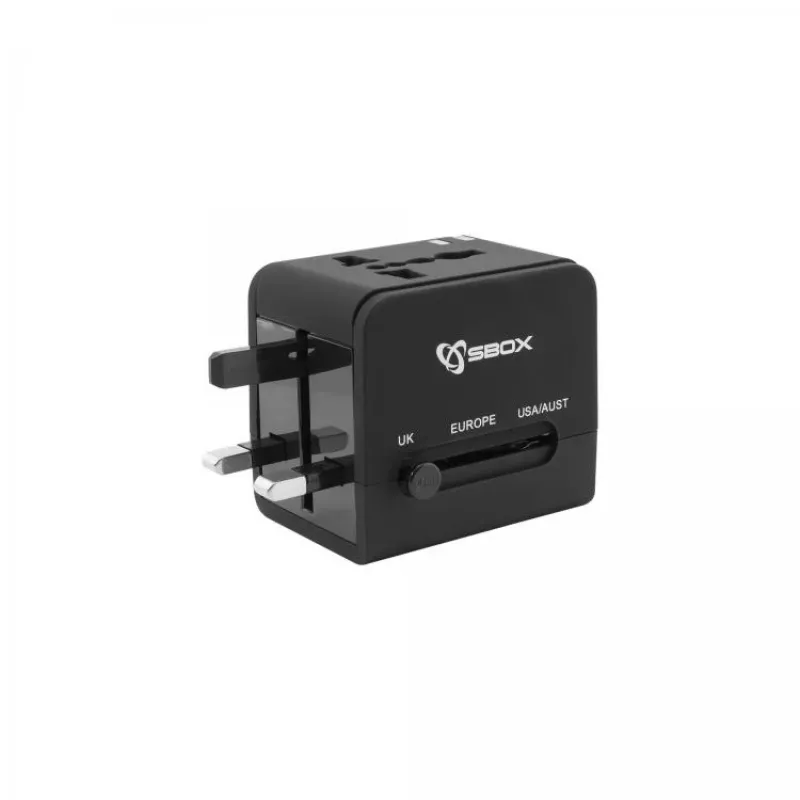 Adaptador de viaje SBOX TA-23 con cargador dual USB y compatibilidad universal de enchufes