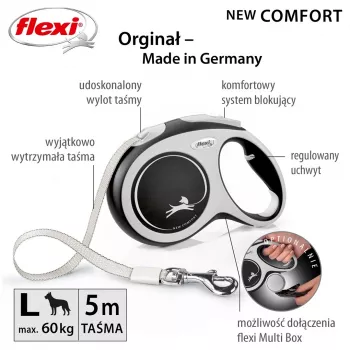 Flexi New COMFORT 8 m negra, correa retráctil gris para perro