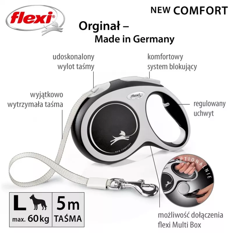 Flexi New COMFORT 8 m negra, correa retráctil gris para perro