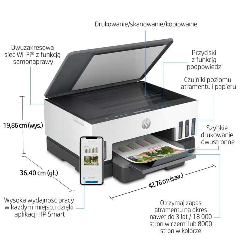 Impresora multifunción HP Smart Tank 720 — inyección térmica de tinta, color, A4, Wi‑Fi, dúplex, 4800x1200 dpi