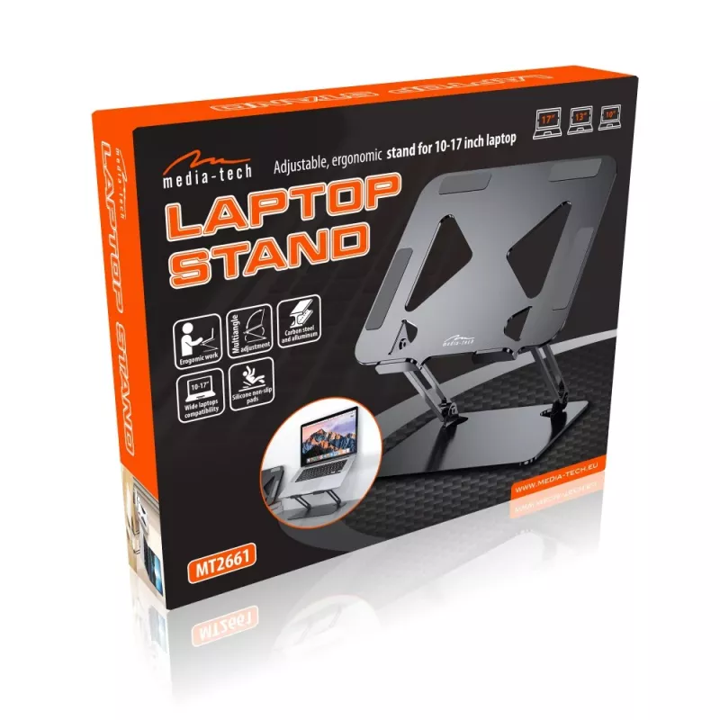 Soporte para portátil MEDIA-TECH MT2661 — altura ajustable, diseño plegable de aluminio para portátiles de hasta 17