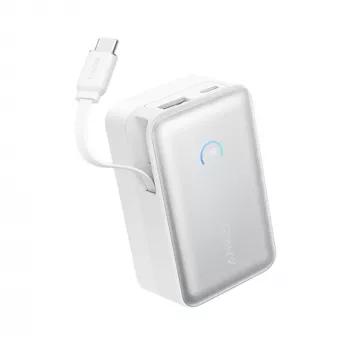 Batería externa Anker A1638 10000 mAh, 45 W de potencia de salida total, Blanco, cable USB-C retráctil integrado