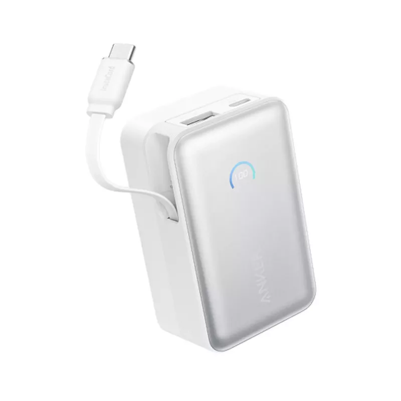 Batería externa Anker A1638 10000 mAh, 45 W de potencia de salida total, Blanco, cable USB-C retráctil integrado