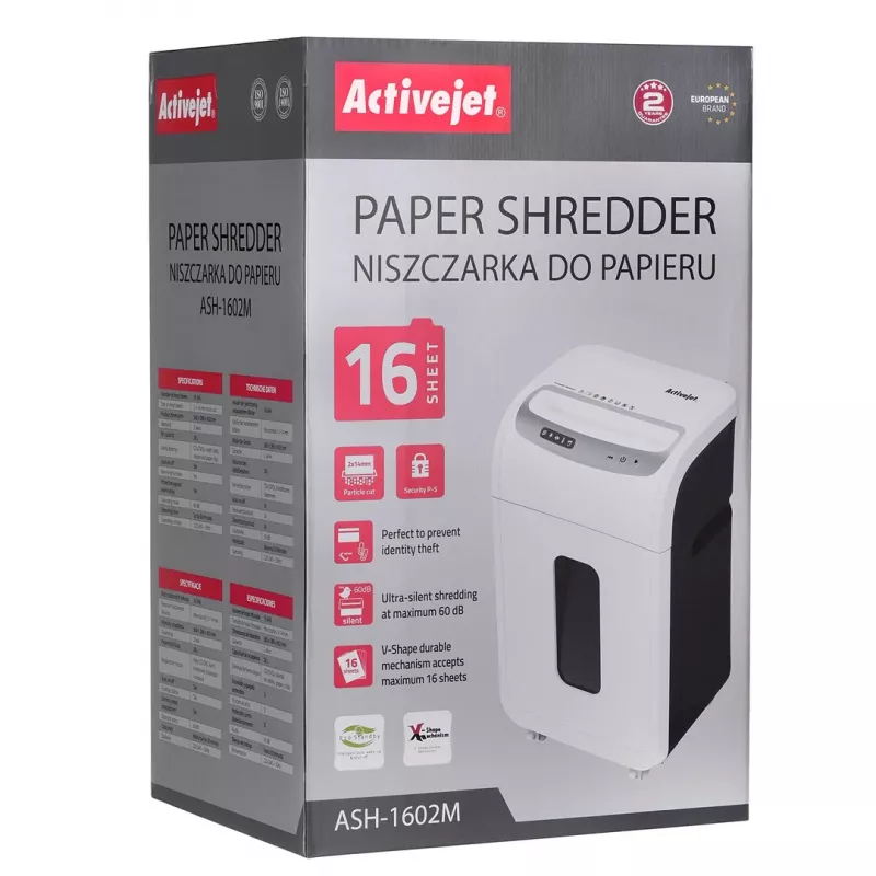 Destructora de papel ActiveJet ASH-1602M, P-5, 28 l, corte 2x14 mm, blanca