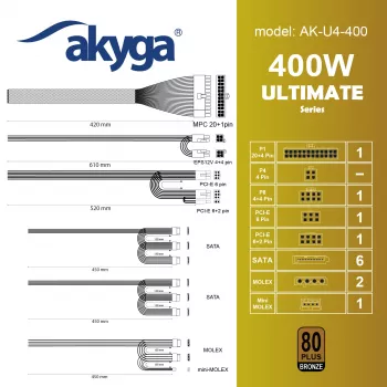 Fuente de alimentación ATX Akyga AK-U4-400 Ultimate 400 W, 80 PLUS Bronze, PFC activo, ventilador de 120 mm