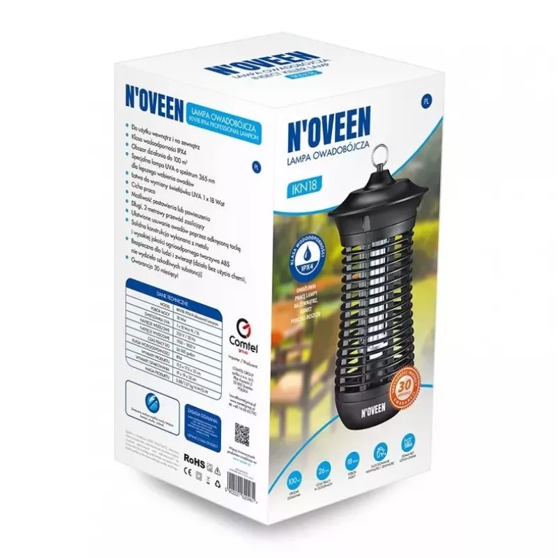 Lámpara eléctrica matainsectos NOVEEN IKN18 IPX4 — tubo UVA de 18 W, cobertura de 100 m², 1700–1800 V, interior/exterior, colgable, metal, negra