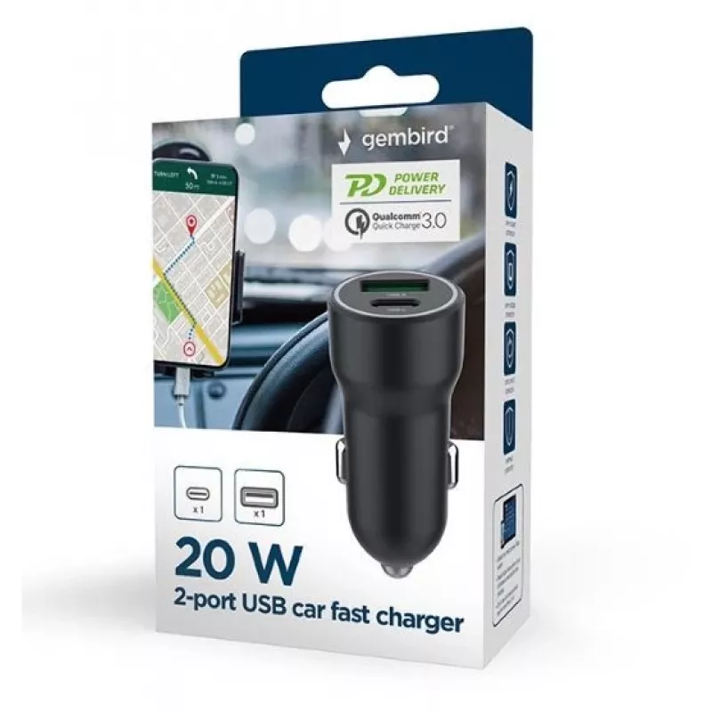 Adaptador de coche Gembird - USB Type-A y C PD - 20W