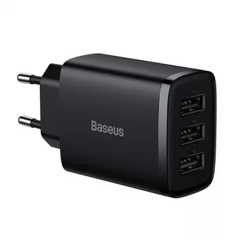 Baseus Cargador rápido compacto, 3x USB, 17 W (Negro)