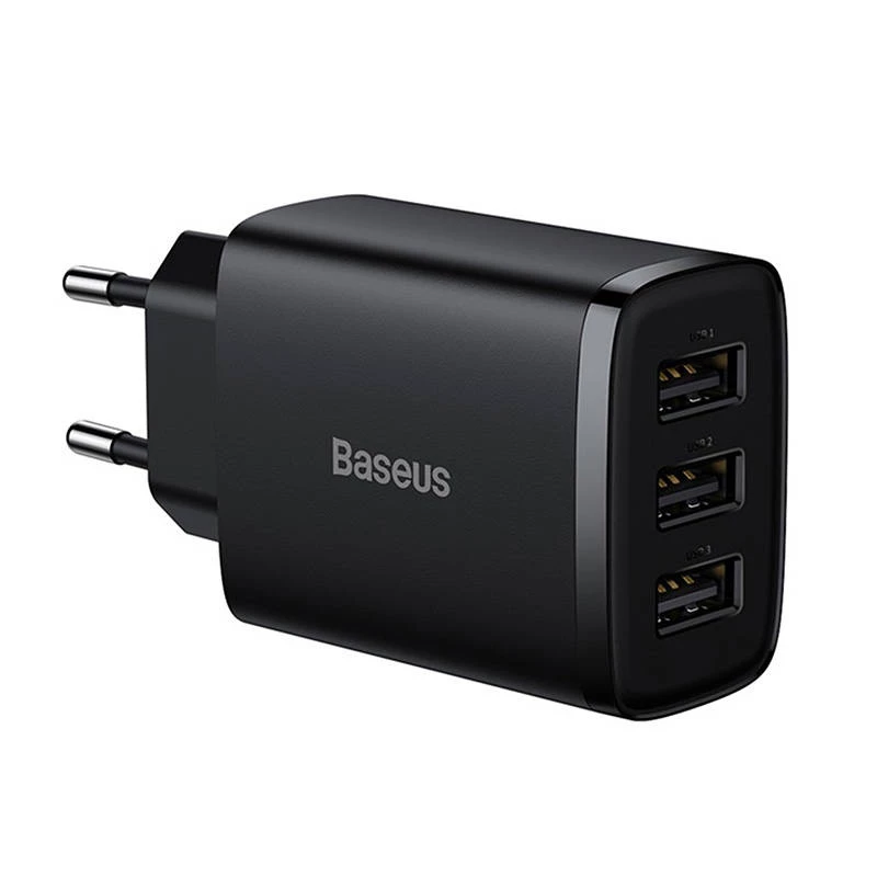 Baseus Cargador rápido compacto, 3x USB, 17 W (Negro)