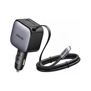 Cargador de coche UGREEN Nexode EC603 90W 3-en-1 con 1x USB-C, 1x USB-A y cable USB-C retráctil de 70 cm, QC 3.0 PD 3.0