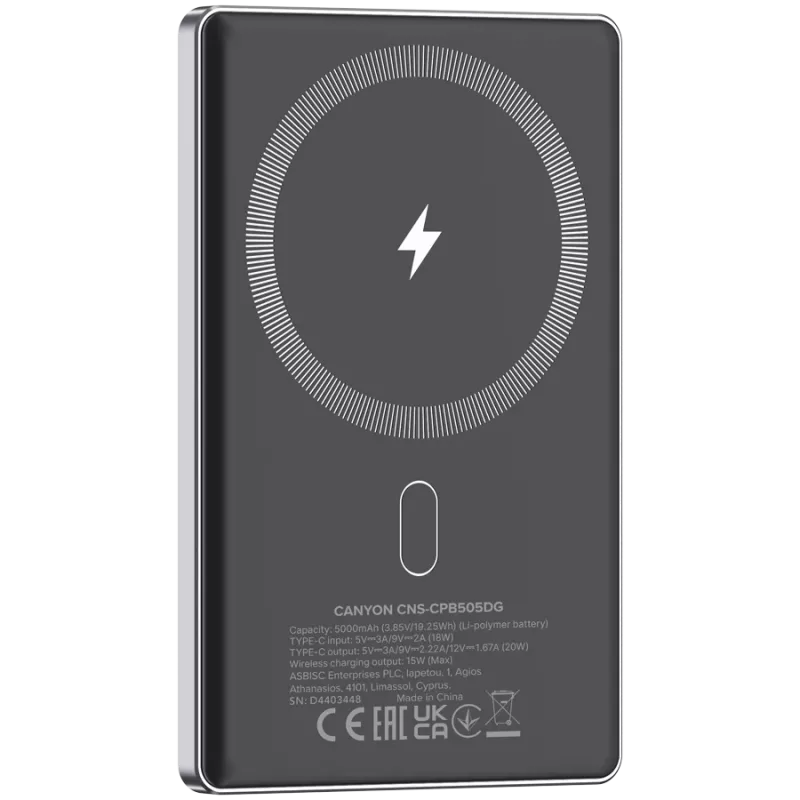 Canyon OnPower 505 - batería externa - 5.000 mAh - entrada USB-C - salida USB-C PD 20W + Wireless Magnet 1