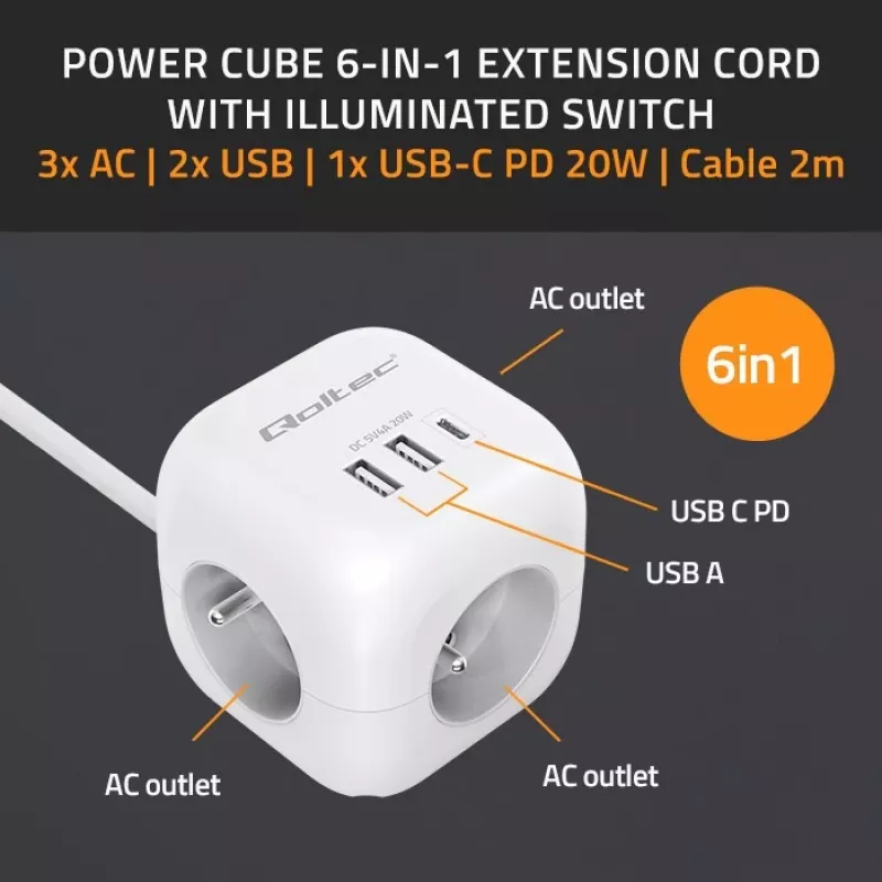 Regleta QOLTEC 52547 Power Cube 3 tomas AC, 2 USB-A, 1 USB-C PD 20W