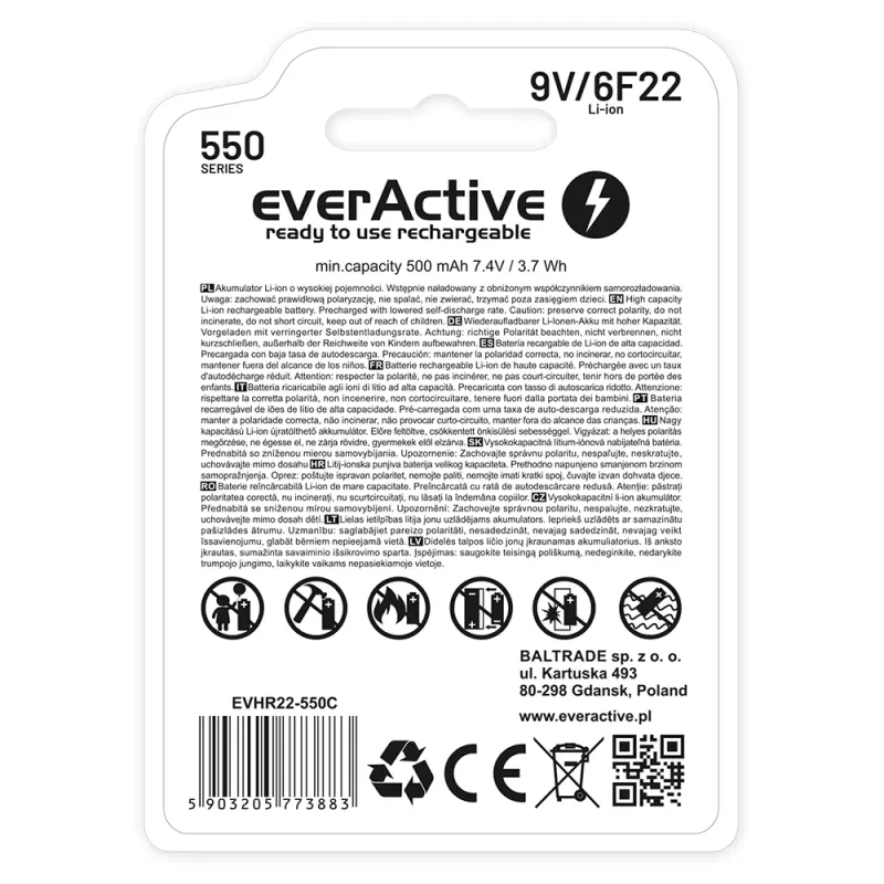 Batería recargable everActive 6F22/9V Li-ion 550 mAh con USB TYPE C