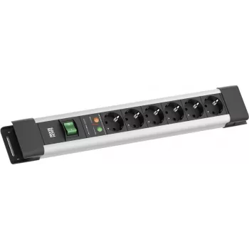 Regleta de enchufes Bachmann CONNECTUS con 6x tomas CEE7/3, 1x protección contra sobretensiones SPD, 1x interruptor, cable de 2,0 m, conector CEE7/7, gris