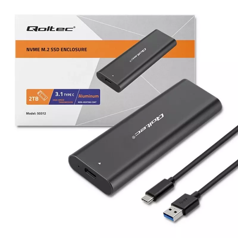 Qoltec 50312 carcasa para SSD M.2 NVMe, USB Type-C, negra