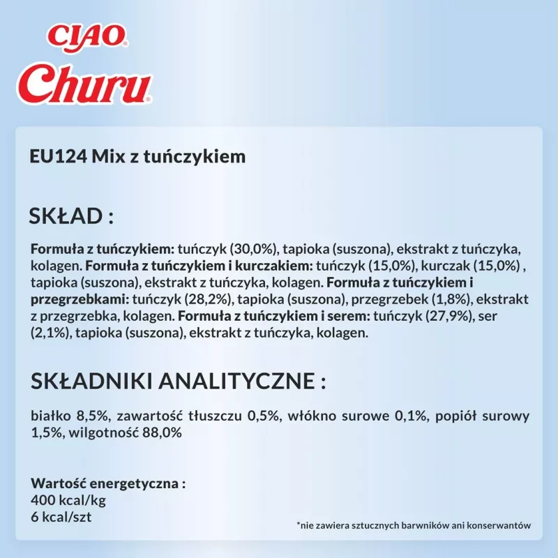Snacks húmedos para gatos INABA Churu caja surtida — atún, 20 sobres de 14 g, pasta, 88 % de humedad, 8,5 % de proteína