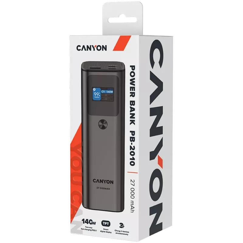 Canyon PB-2010 - Batería externa - Li-Pol - 27.000 mAh - pantalla digital - 2xUSB-C + 1xUSB-A - Power
