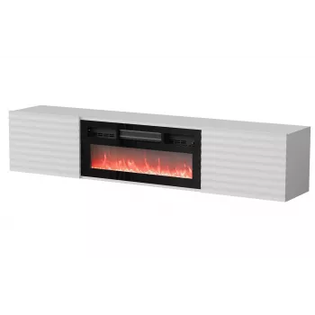 Mueble TV Cama Meble TULA con chimenea eléctrica, 1830×350×370 mm, superficie y marco blancos mate