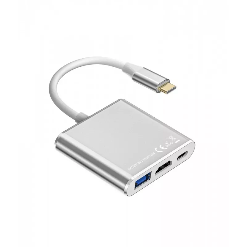 Adaptador hub USB-C TB AKTBXVAU3HMPDAV — 3 en 1: HDMI + USB-A + USB-C PD, plata