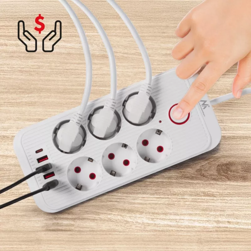 Regleta de enchufes MACLEAN MCE389 W — 6 enchufes, 4×USB-A, 1×USB-C, 2500W, 110–240V, cable de 1,5 m, blanca