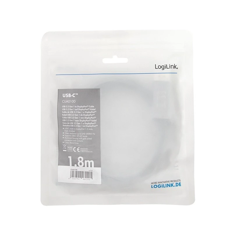 LogiLink CUA0100 Adaptador de cable DisplayPort USB 3.2 Gen1 Type-C 1,8m Negro Gris