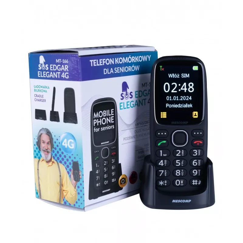 Teléfono móvil Mescomp MT-166 Edgar, Elegante, para mayores, 4G, Negro