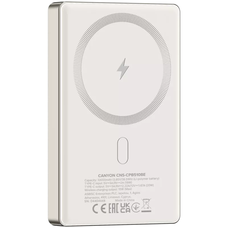 Canyon OnCharge 510 - Batería externa - 10.000 mAh - entrada USB-C - salida USB-C PD 20W + Wireless Magnet