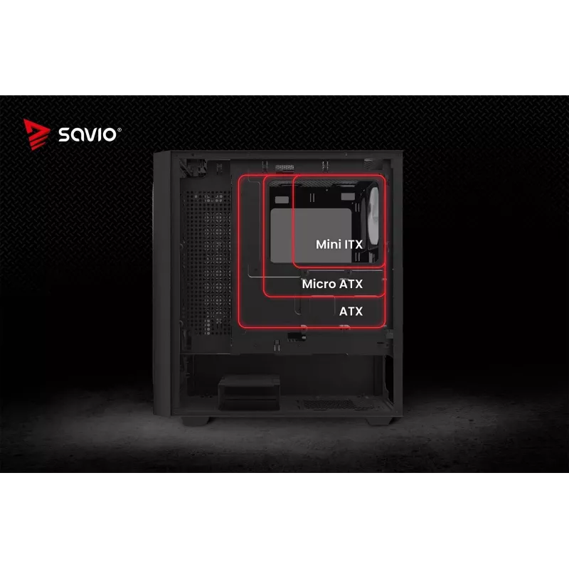 Caja de PC SAVIO Noctis Flow — Cube Mini-ITX/Micro-ATX/ATX, 3x120mm frontal, 1x120mm trasero, 2 bahías de 3,5 pulgadas + 3 de 2,5 pulgadas, cristal templado